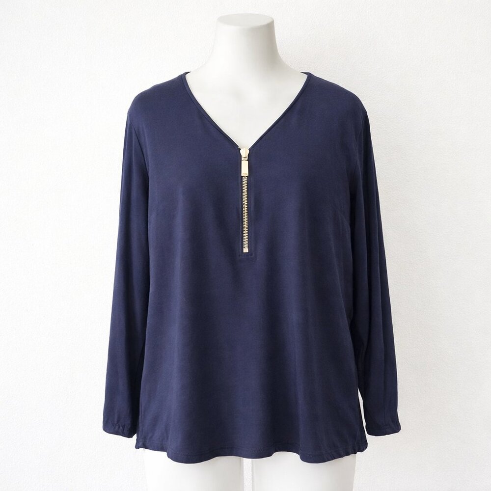 Michael Kors Navy Zip Neck Blouse Small Gold Zipper Long Sleeve Rayon Top